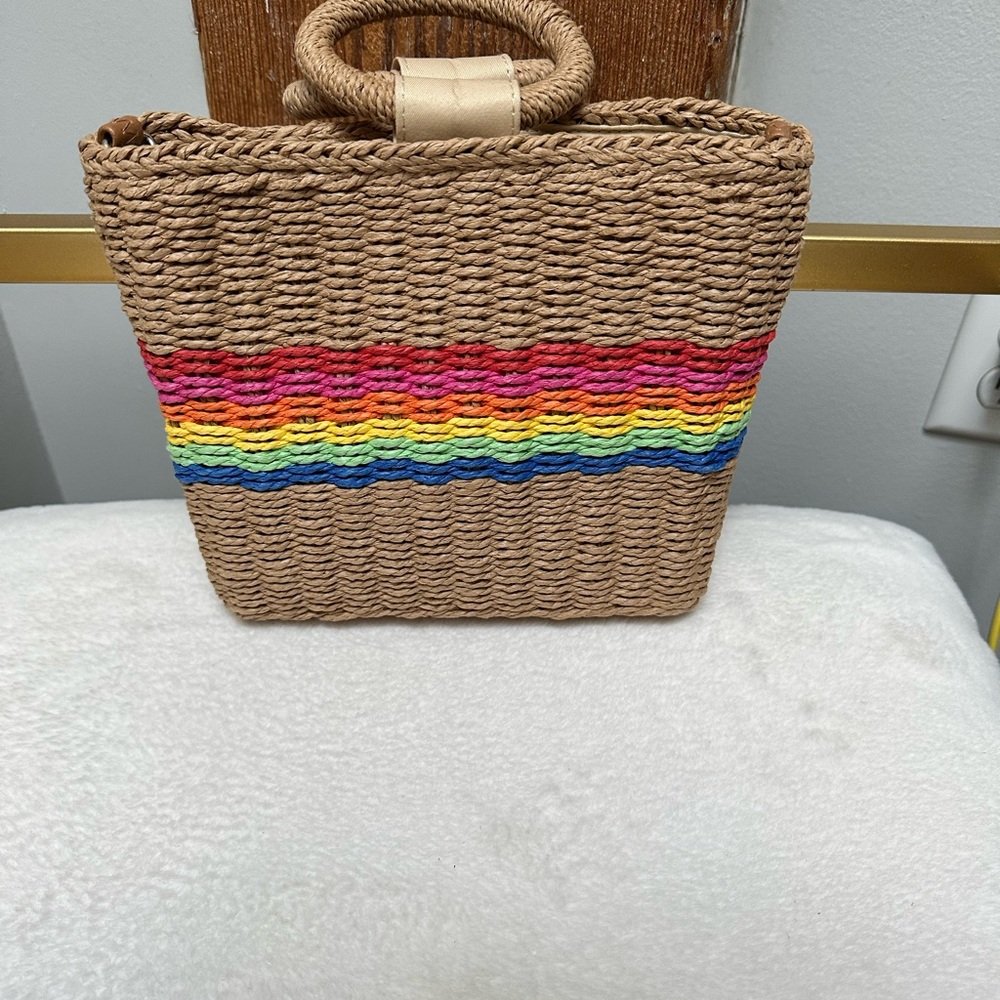 Woven Straw Tote with Rainbow Stripe - Brown